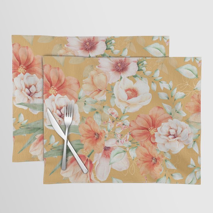Peach Florals with Painted Speckles on Yellow Placemat Gallery Image 1