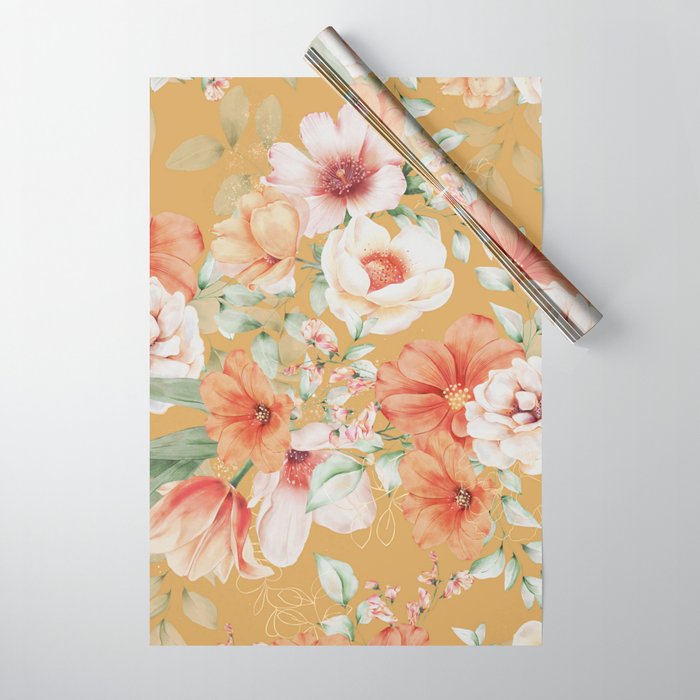 Peach Florals with Painted Speckles on Yellow Wrapping Paper Gallery Image 1
