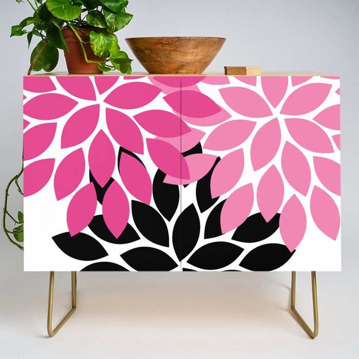 Bold Colorful Hot Pink Black Dahlia Flower Burst Petals Credenza Gallery Image 1