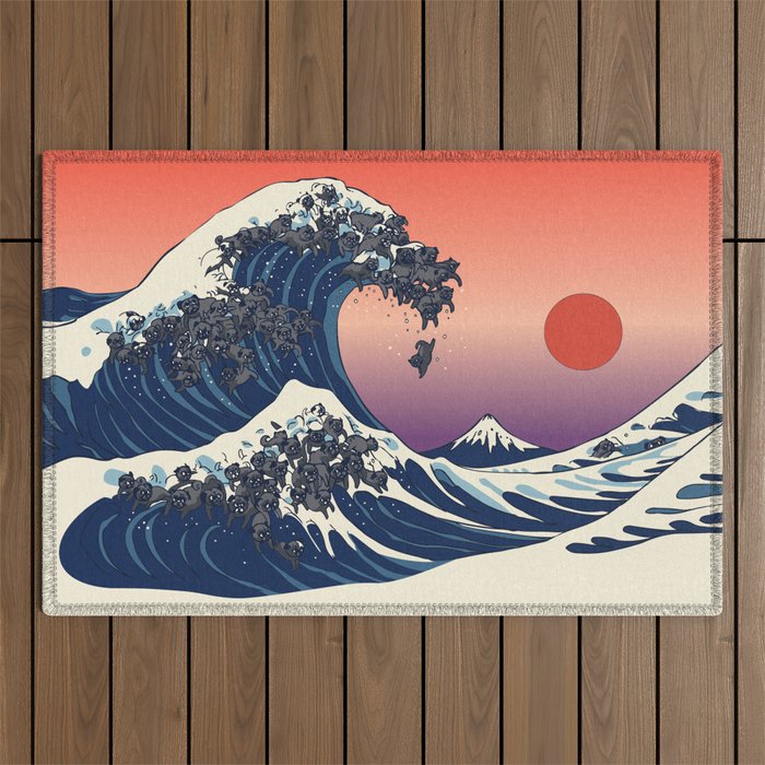 The Great Wave of Black Pug Outdoor Rug Gallery Image 1