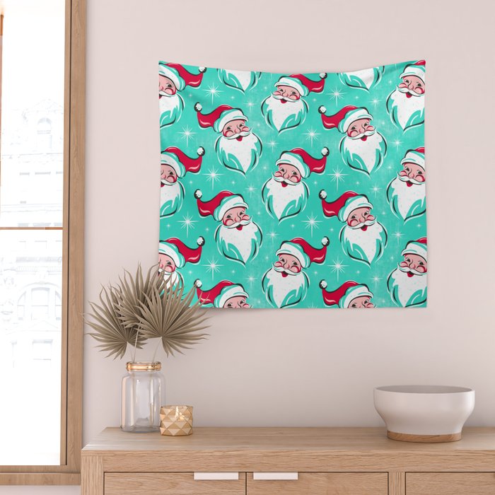 'Tis The Season Retro Santa Aqua Multi Pattern Wall Tapestry Gallery Image 2