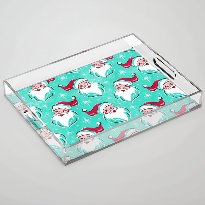 'Tis The Season Retro Santa Aqua Multi Pattern Acrylic Tray Gallery Image 1