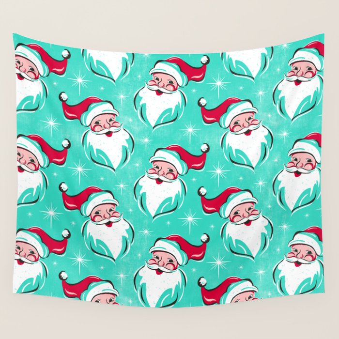 'Tis The Season Retro Santa Aqua Multi Pattern Wall Tapestry Gallery Image 4