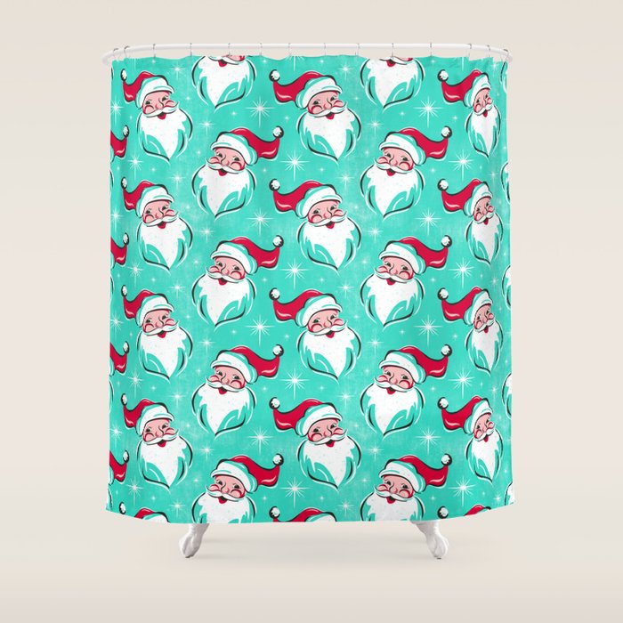 'Tis The Season Retro Santa Aqua Multi Pattern Shower Curtain Gallery Image 1