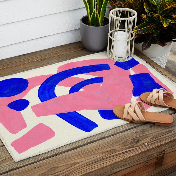 Blue Pink Fun Colorful Mid Century Modern Abstract Painting Shapes Pattern Outdoor Rug Gallery Image 2