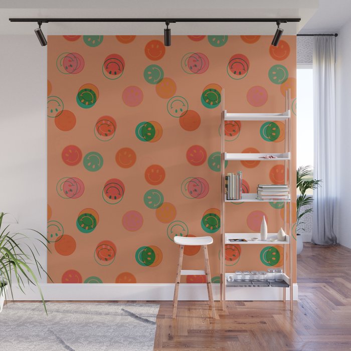 Smiley Face Stamp Print in Orange Wall Mural Gallery Image 1