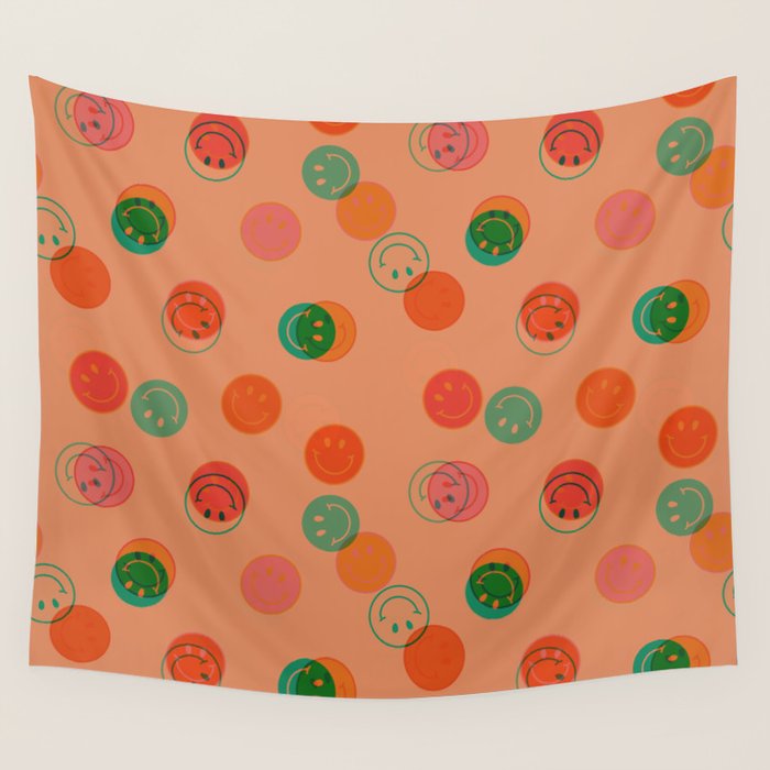 Smiley Face Stamp Print in Orange Wall Tapestry Gallery Image 4