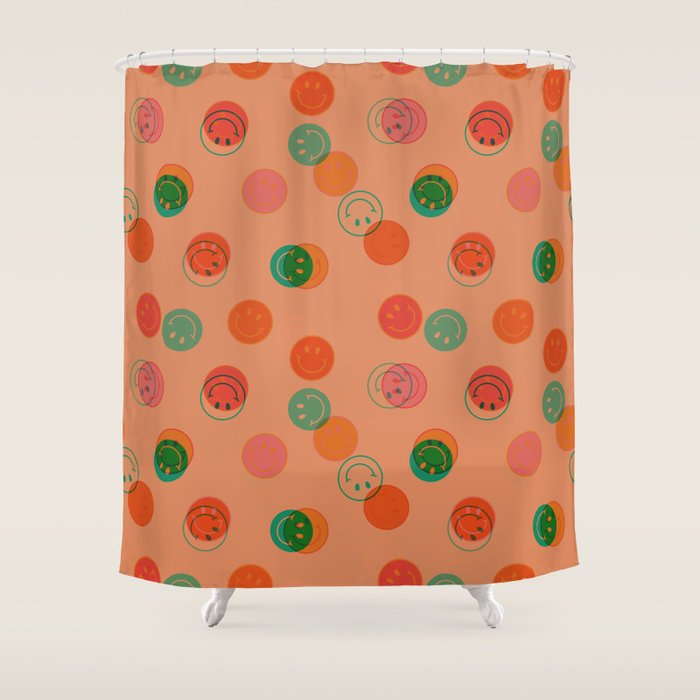 Smiley Face Stamp Print in Orange Shower Curtain Gallery Image 1