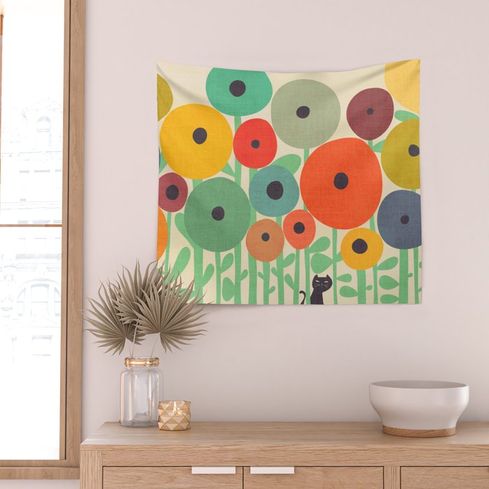 Cat in flower garden Wall Tapestry Gallery Image 2