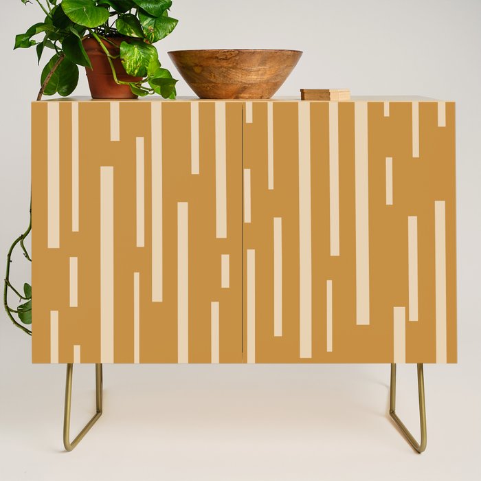 Interrupted Lines Mid-Century Modern Minimalist Abstract Geometric Pattern in Honey Mustard Ochre Credenza Gallery Image 1