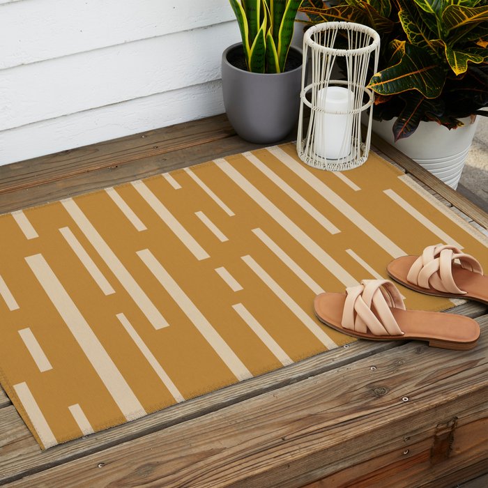Interrupted Lines Mid-Century Modern Minimalist Abstract Geometric Pattern in Honey Mustard Ochre Outdoor Rug Gallery Image 2