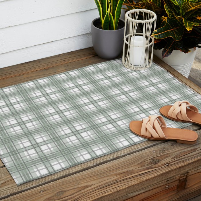 Sage Green and Gray Plaid Outdoor Rug Gallery Image 2