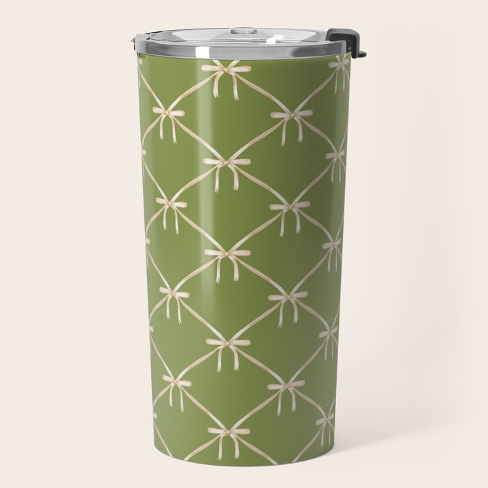 Bows & Ribbons Pattern XXIII Olive Green Travel Mug Gallery Image 2