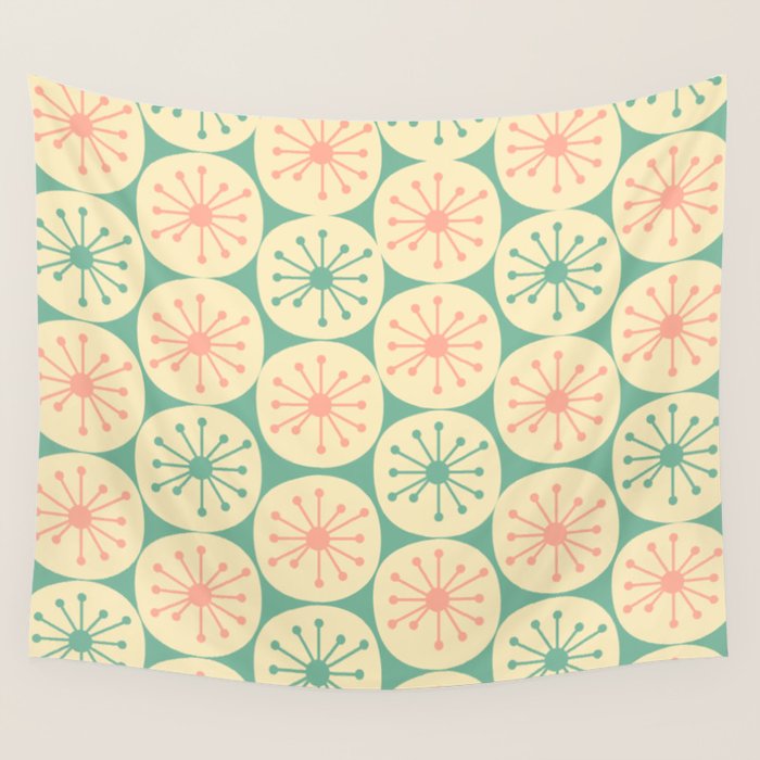 Atomic Dots Midcentury Modern Retro Pattern in 50s Blush Pink, Cream, and Mint Wall Tapestry Gallery Image 1