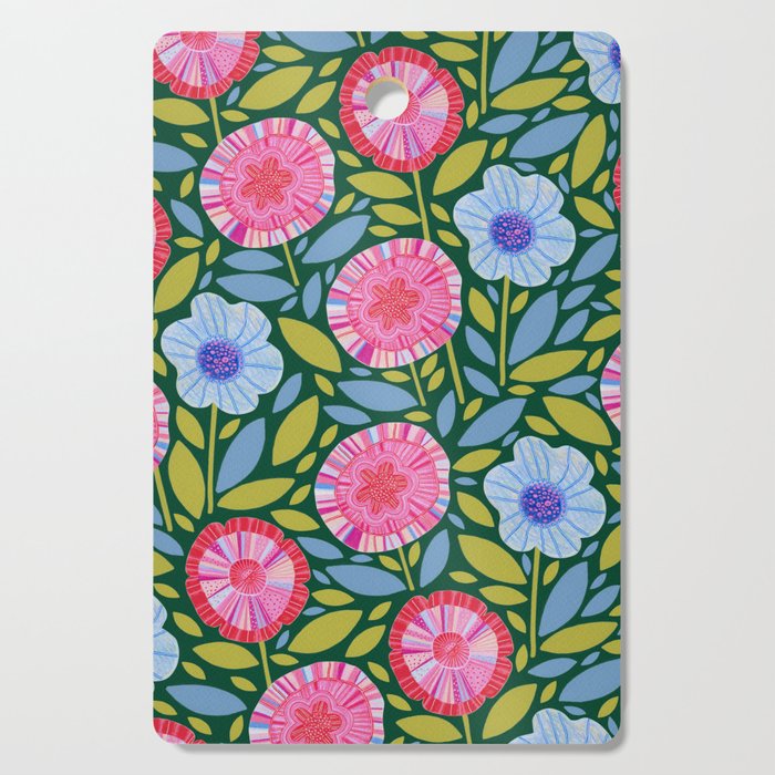 Folk Floral Blossoms in Forest Green Cutting Board Gallery Image 1