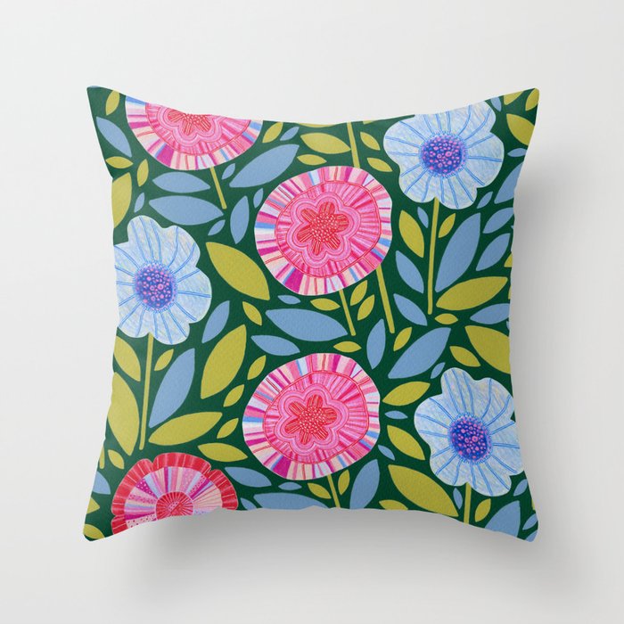 Folk Floral Blossoms in Forest Green Throw Pillow Gallery Image 6