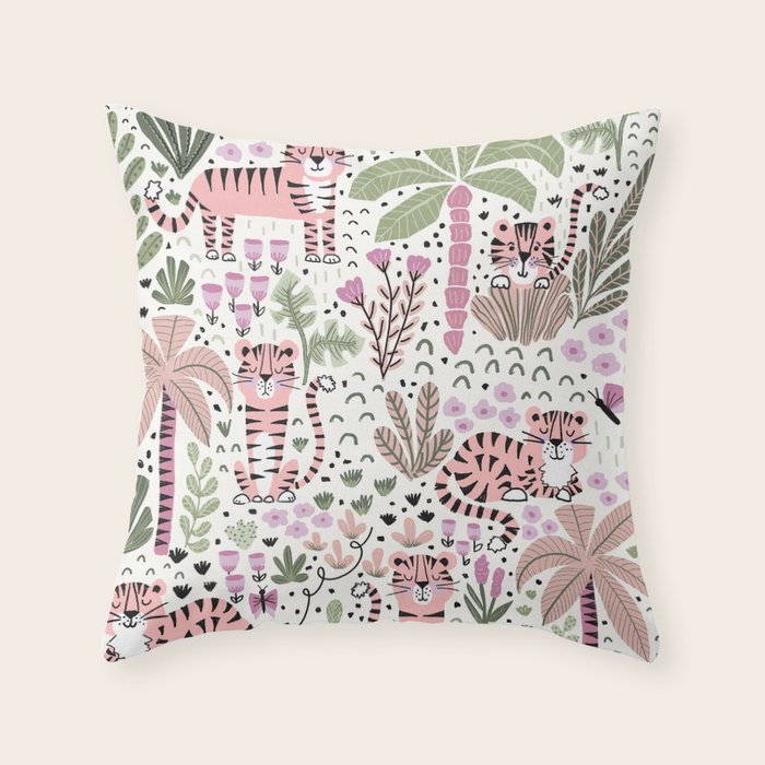 Pink Cute Tigers Throw Pillow Gallery Image 1