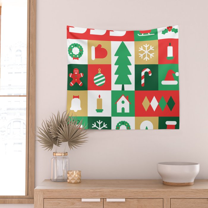Christmas geometric mosaic art pattern Wall Tapestry Gallery Image 2