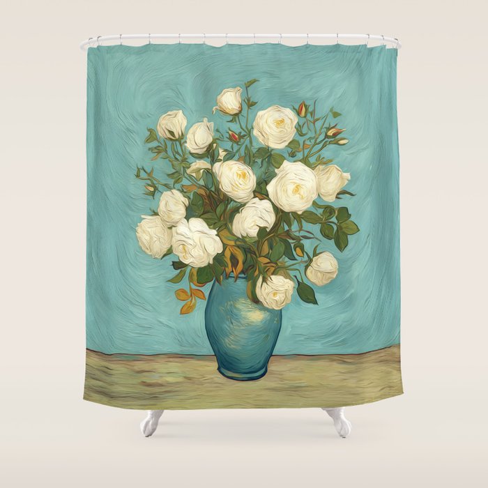 White Roses in Blue Vase Shower Curtain Gallery Image 1