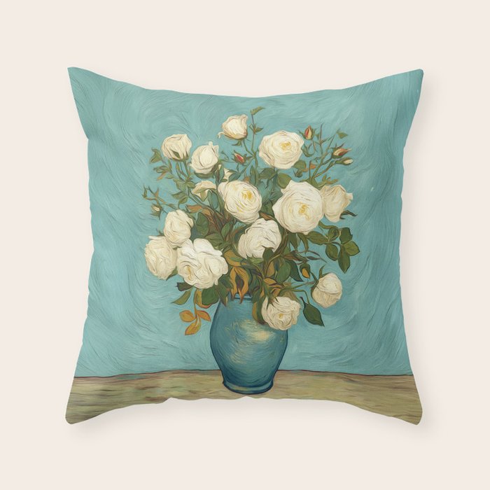 White Roses in Blue Vase Throw Pillow Gallery Image 6