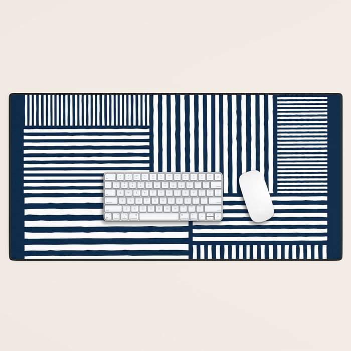 White Lines Navy Minimalist Stylish Design Desk Mat Gallery Image 1