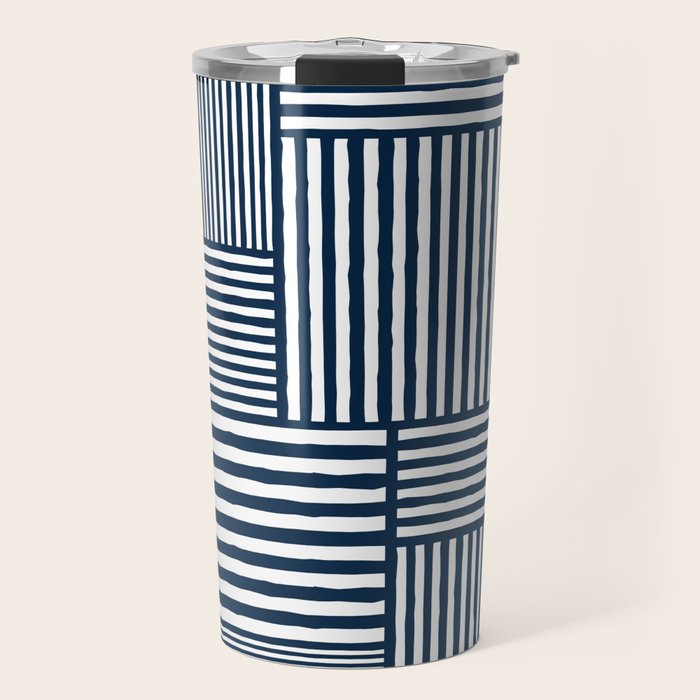 White Lines Navy Minimalist Stylish Design Travel Mug Gallery Image 1