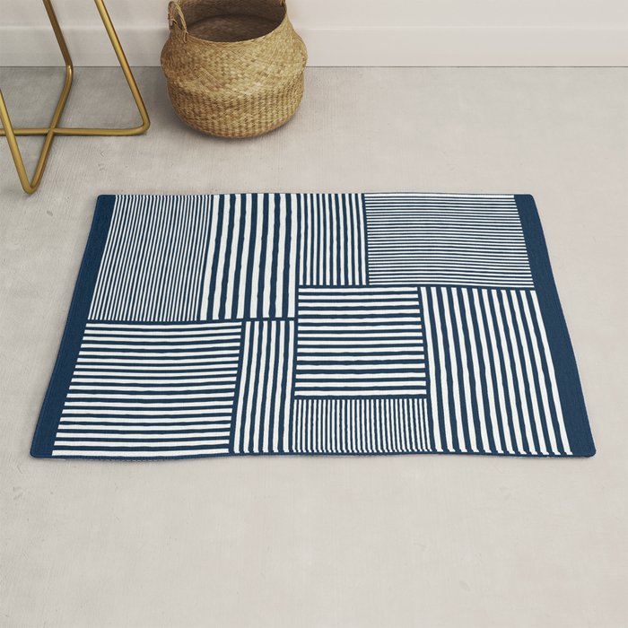 White Lines Navy Minimalist Stylish Design Rug Gallery Image 1