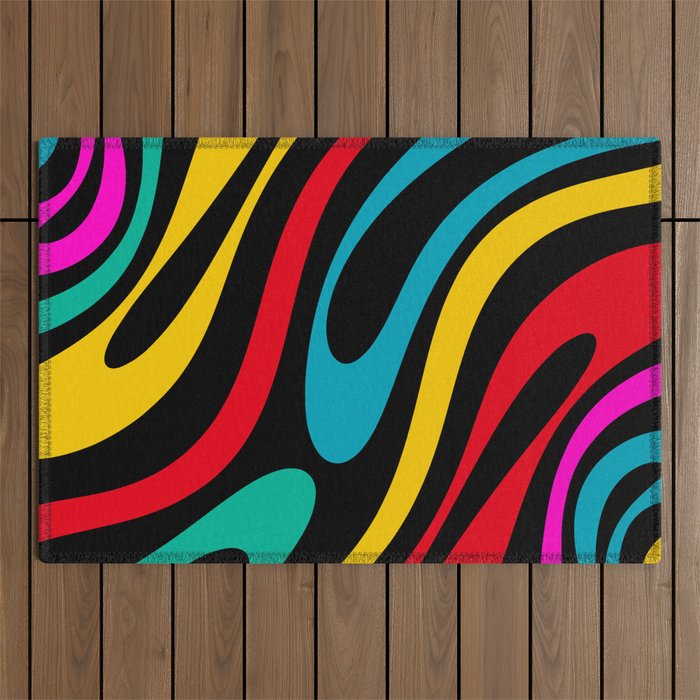 Wavy Loops Retro 80s Colorful Abstract Pattern on Black Outdoor Rug Gallery Image 1