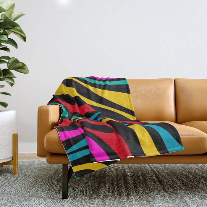 Wavy Loops Retro 80s Colorful Abstract Pattern on Black Throw Blanket Gallery Image 1