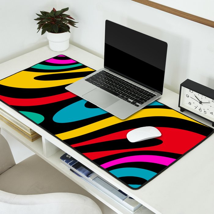 Wavy Loops Retro 80s Colorful Abstract Pattern on Black Desk Mat Gallery Image 2