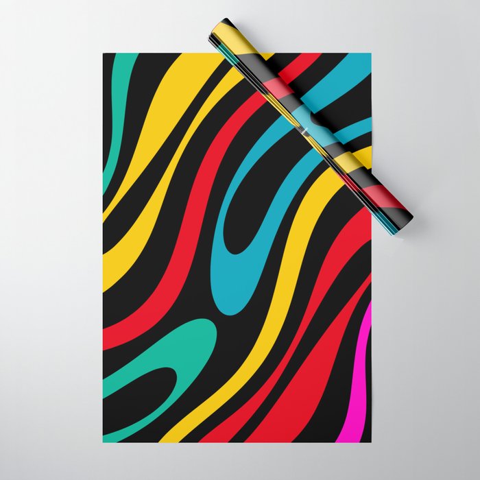 Wavy Loops Retro 80s Colorful Abstract Pattern on Black Wrapping Paper Gallery Image 1
