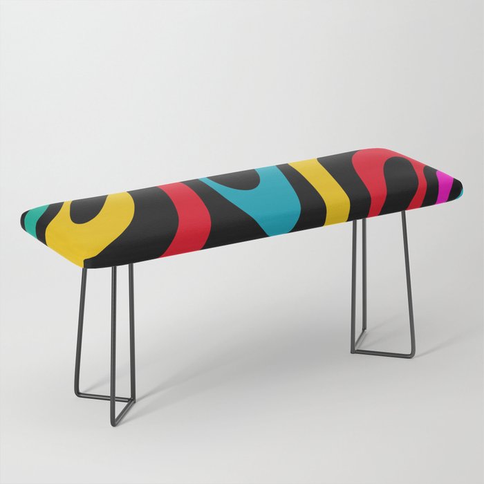 Wavy Loops Retro 80s Colorful Abstract Pattern on Black Bench Gallery Image 1