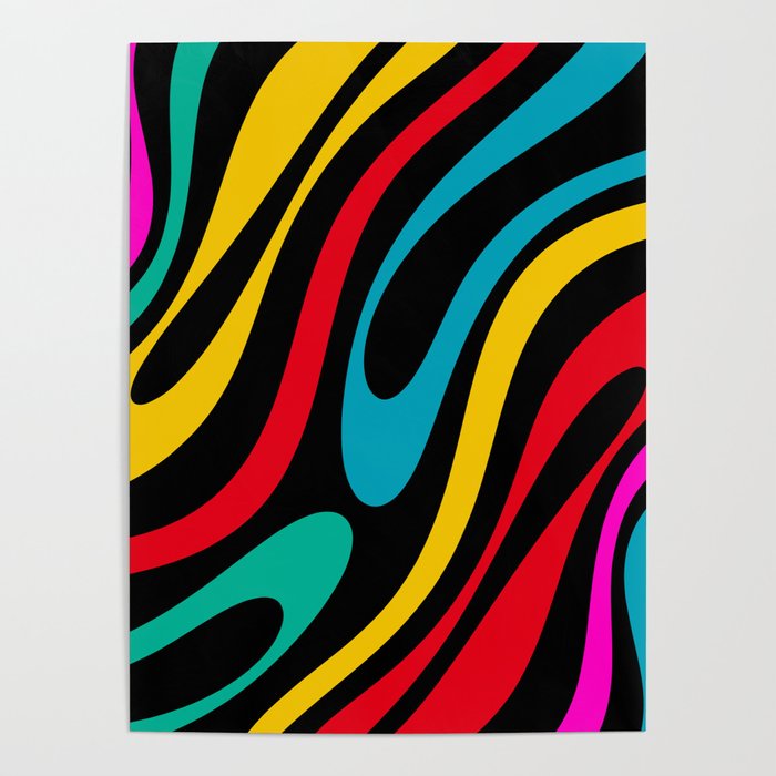 Wavy Loops Retro 80s Colorful Abstract Pattern on Black Poster Gallery Image 4