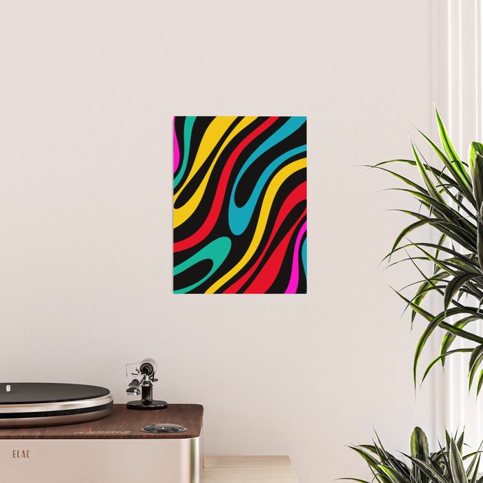Wavy Loops Retro 80s Colorful Abstract Pattern on Black Poster Gallery Image 2
