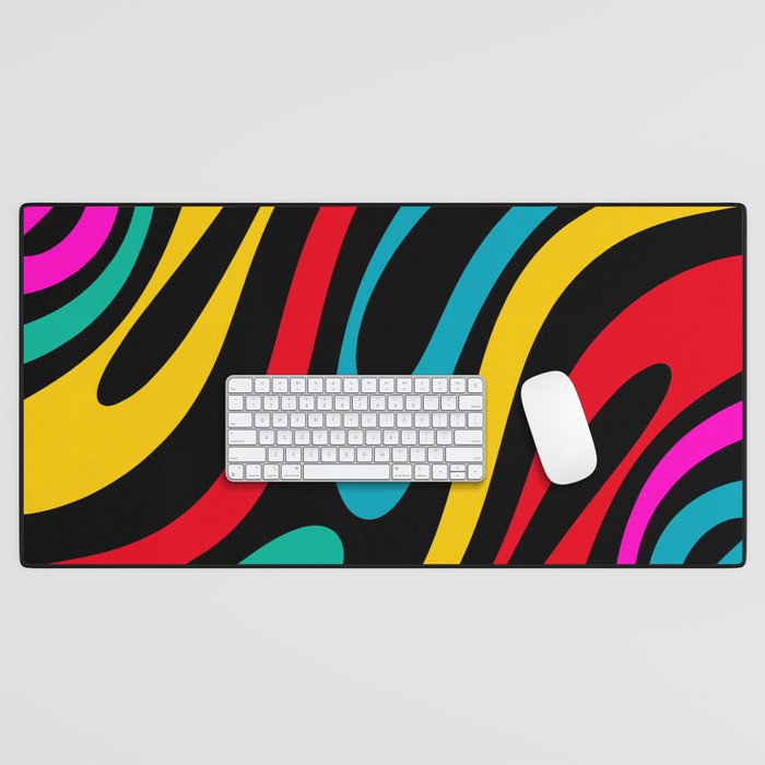 Wavy Loops Retro 80s Colorful Abstract Pattern on Black Desk Mat Gallery Image 1