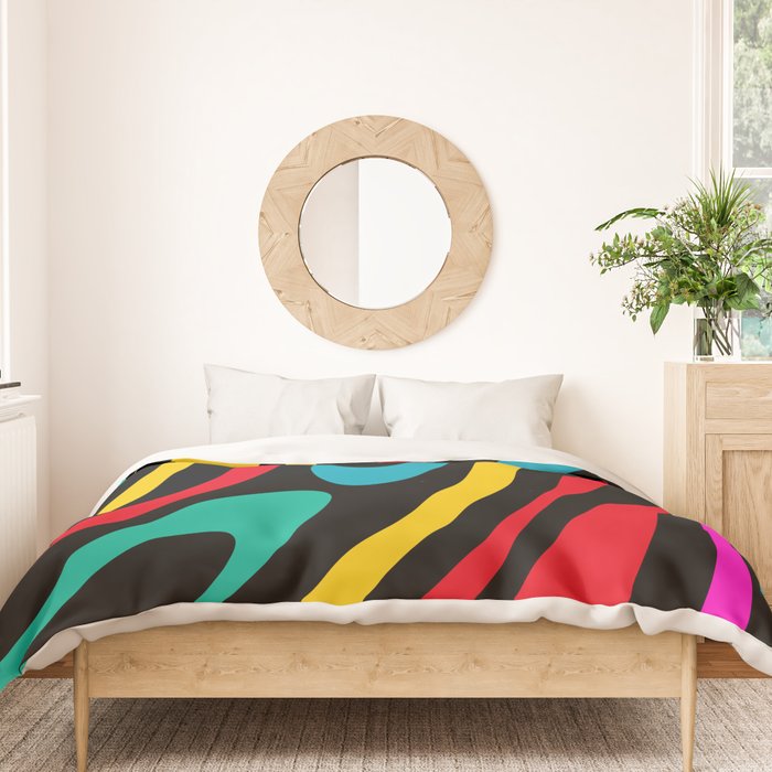 Wavy Loops Retro 80s Colorful Abstract Pattern on Black Duvet Cover Gallery Image 3