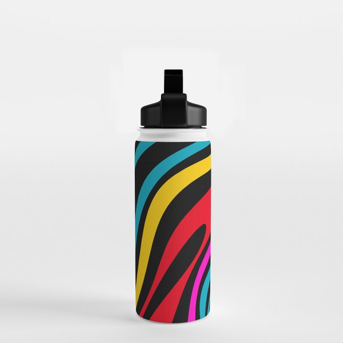 Wavy Loops Retro 80s Colorful Abstract Pattern on Black Water Bottle Gallery Image 2