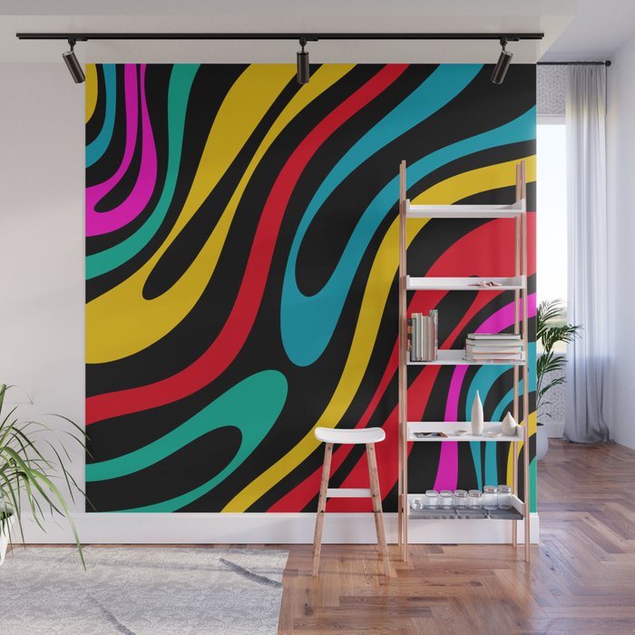 Wavy Loops Retro 80s Colorful Abstract Pattern on Black Wall Mural Gallery Image 1