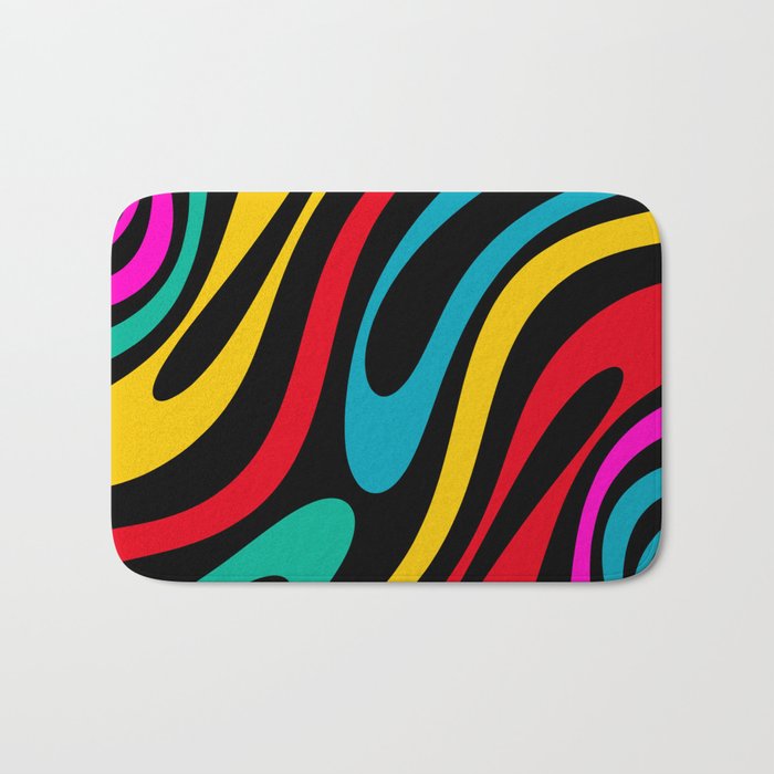 Wavy Loops Retro 80s Colorful Abstract Pattern on Black Bath Mat Gallery Image 1
