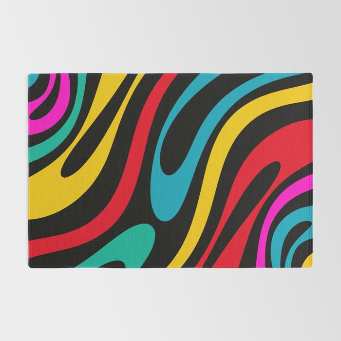 Wavy Loops Retro 80s Colorful Abstract Pattern on Black Rug Gallery Image 2