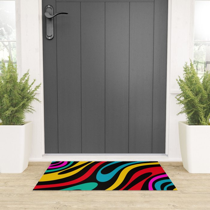 Wavy Loops Retro 80s Colorful Abstract Pattern on Black Welcome Mat Gallery Image 3