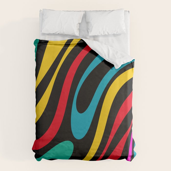 Wavy Loops Retro 80s Colorful Abstract Pattern on Black Duvet Cover Gallery Image 1