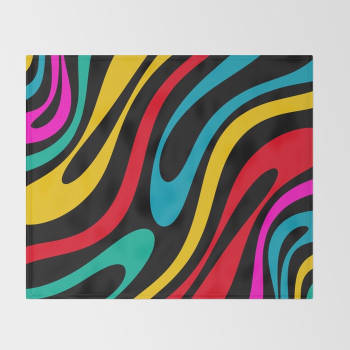 Wavy Loops Retro 80s Colorful Abstract Pattern on Black Throw Blanket Gallery Image 2