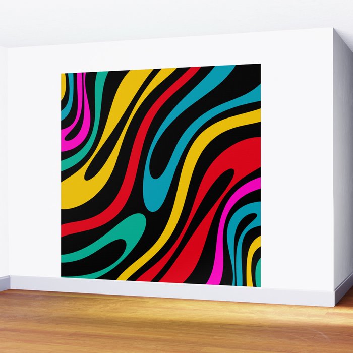 Wavy Loops Retro 80s Colorful Abstract Pattern on Black Wall Mural Gallery Image 2