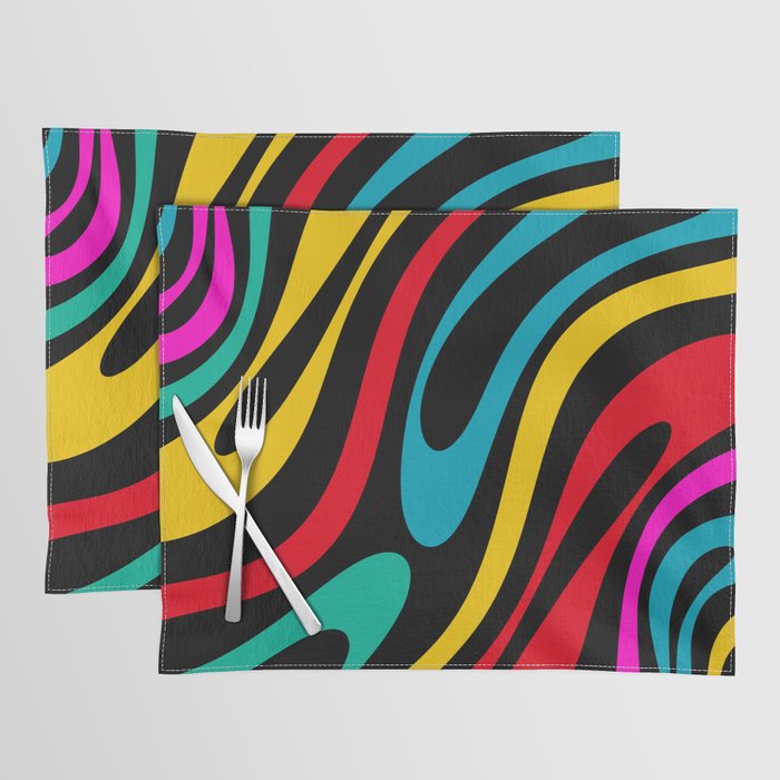 Wavy Loops Retro 80s Colorful Abstract Pattern on Black Placemat Gallery Image 1