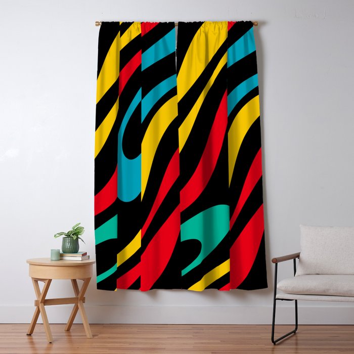 Wavy Loops Retro 80s Colorful Abstract Pattern on Black Window Curtain Gallery Image 1