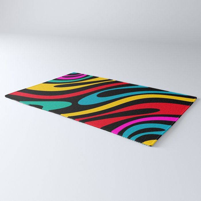Wavy Loops Retro 80s Colorful Abstract Pattern on Black Rug Gallery Image 3