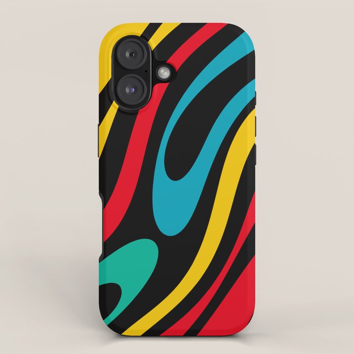 Wavy Loops Retro 80s Colorful Abstract Pattern on Black iPhone Case Gallery Image 1