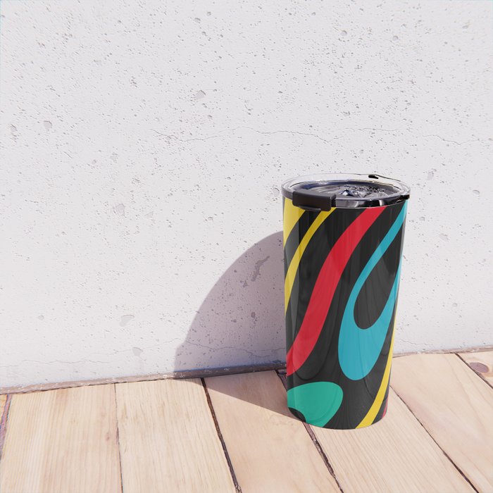 Wavy Loops Retro 80s Colorful Abstract Pattern on Black Travel Mug Gallery Image 4