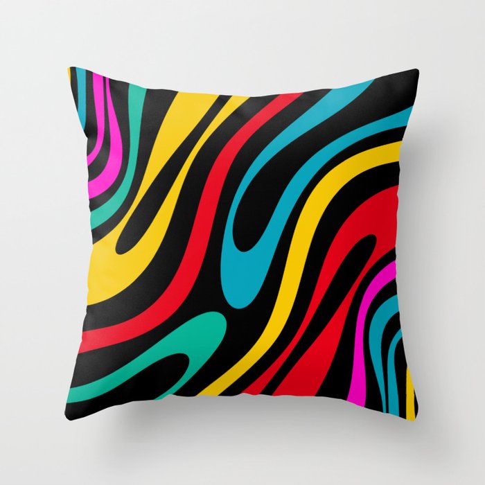Wavy Loops Retro 80s Colorful Abstract Pattern on Black Throw Pillow Gallery Image 6